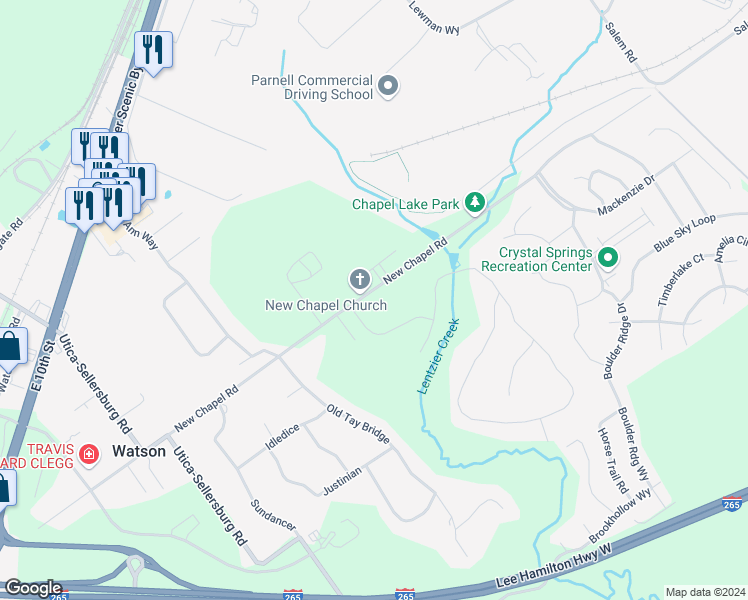 map of restaurants, bars, coffee shops, grocery stores, and more near 5616 New Chapel Road in Jeffersonville
