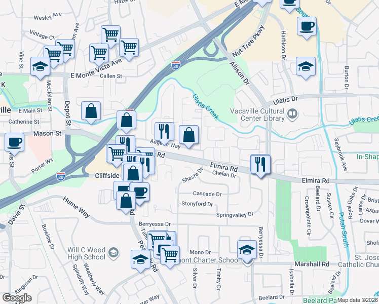 map of restaurants, bars, coffee shops, grocery stores, and more near 179 Elmira Road in Vacaville