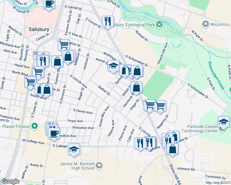 map of restaurants, bars, coffee shops, grocery stores, and more near 507 Juniper Street in Salisbury