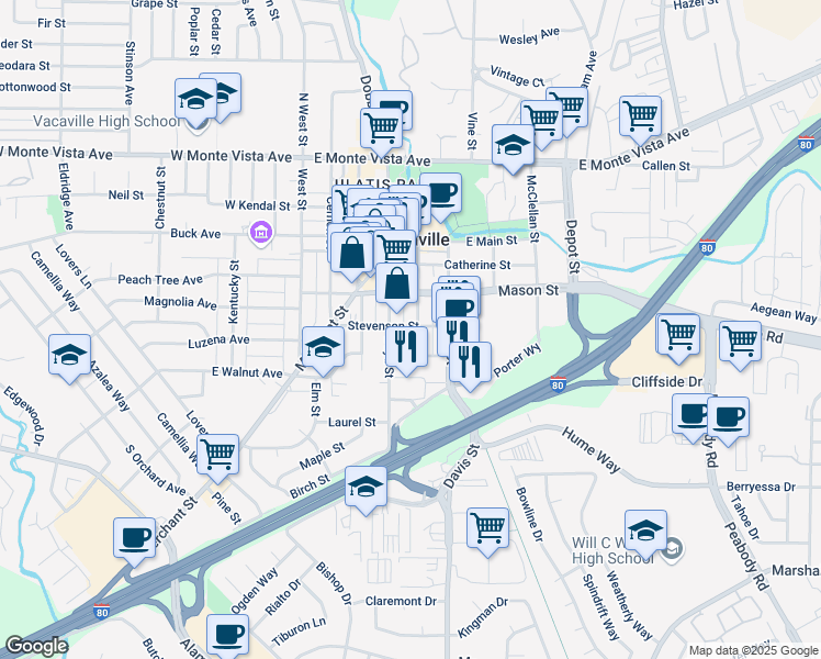 map of restaurants, bars, coffee shops, grocery stores, and more near 513 Elizabeth Street in Vacaville