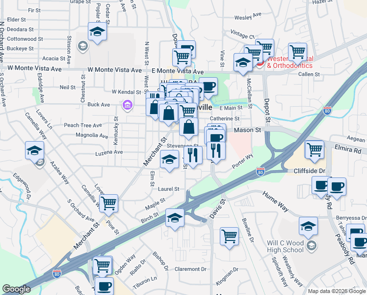 map of restaurants, bars, coffee shops, grocery stores, and more near 512 Boyd Street in Vacaville
