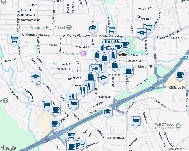 map of restaurants, bars, coffee shops, grocery stores, and more near 530A Merchant Street in Vacaville