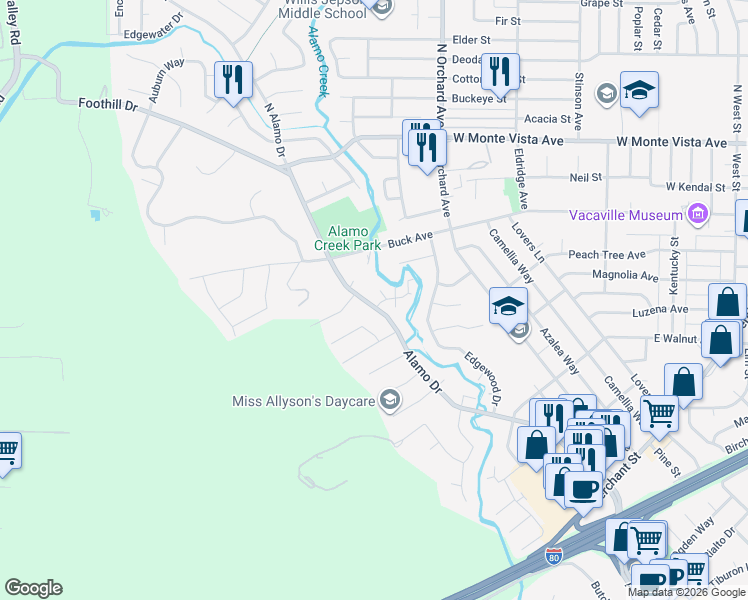 map of restaurants, bars, coffee shops, grocery stores, and more near 351 Alamo Drive in Vacaville