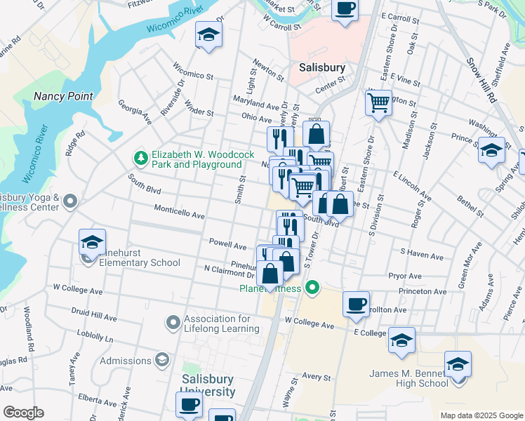 map of restaurants, bars, coffee shops, grocery stores, and more near 803 Hanover Street in Salisbury