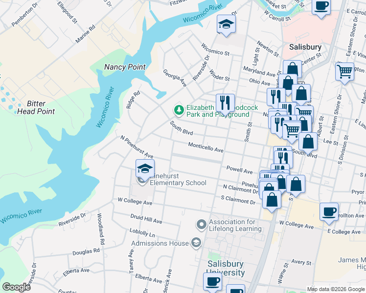 map of restaurants, bars, coffee shops, grocery stores, and more near 425 Forest Lane in Salisbury