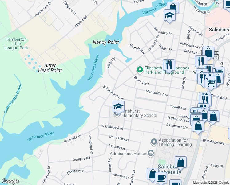 map of restaurants, bars, coffee shops, grocery stores, and more near 513 North Pinehurst Avenue in Salisbury