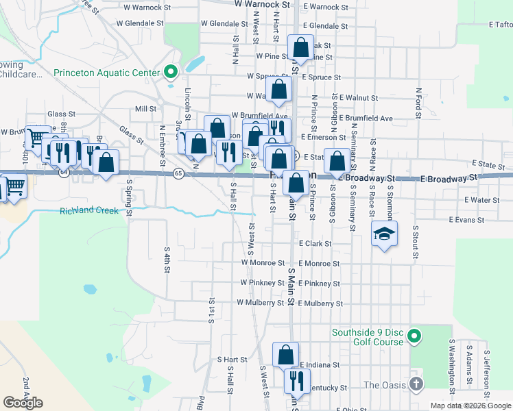 map of restaurants, bars, coffee shops, grocery stores, and more near 250 South West Street in Princeton