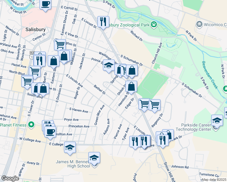 map of restaurants, bars, coffee shops, grocery stores, and more near 507 Juniper Street in Salisbury