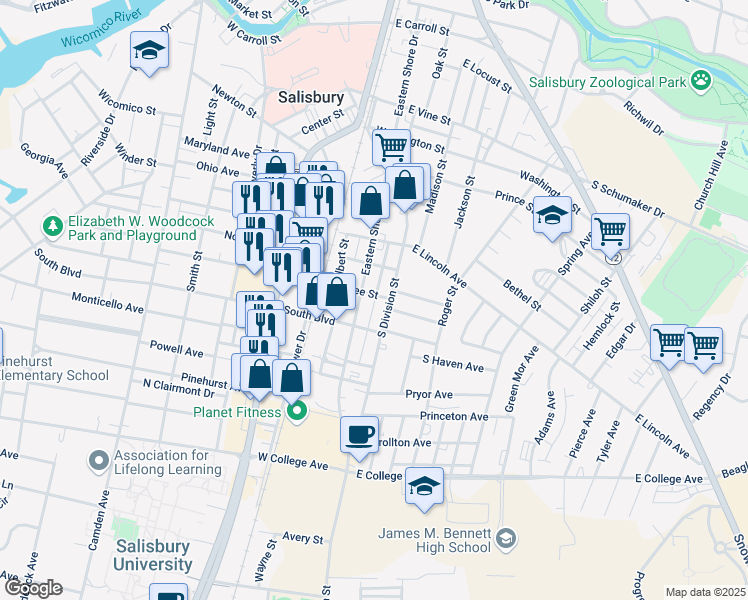 map of restaurants, bars, coffee shops, grocery stores, and more near 822 South Division Street in Salisbury