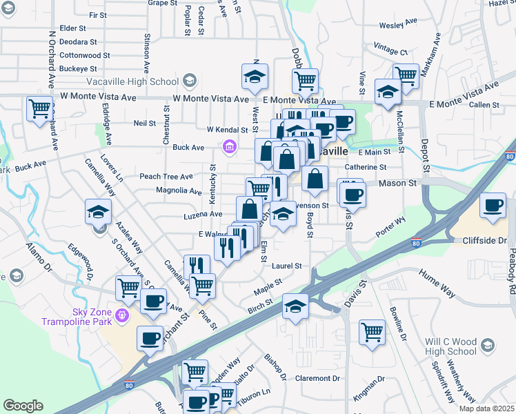 map of restaurants, bars, coffee shops, grocery stores, and more near 530A Merchant Street in Vacaville