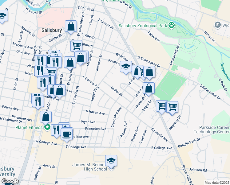 map of restaurants, bars, coffee shops, grocery stores, and more near 426 Bethel Street in Salisbury