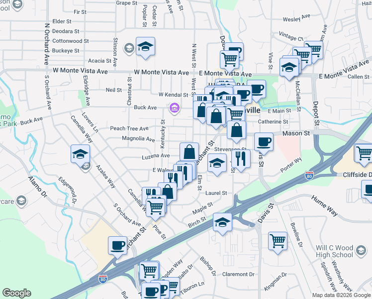 map of restaurants, bars, coffee shops, grocery stores, and more near 130 Luzena Avenue in Vacaville