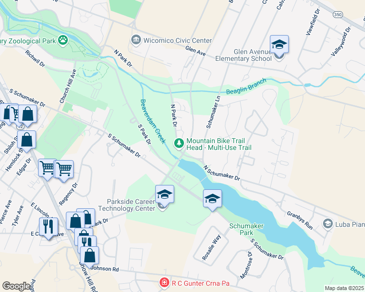 map of restaurants, bars, coffee shops, grocery stores, and more near 705 North Park Drive in Salisbury
