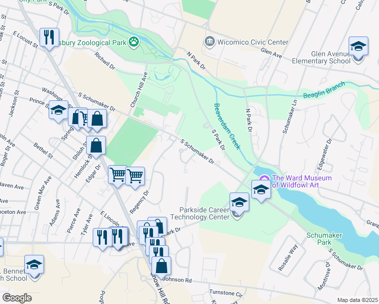 map of restaurants, bars, coffee shops, grocery stores, and more near 826 South Schumaker Drive in Salisbury