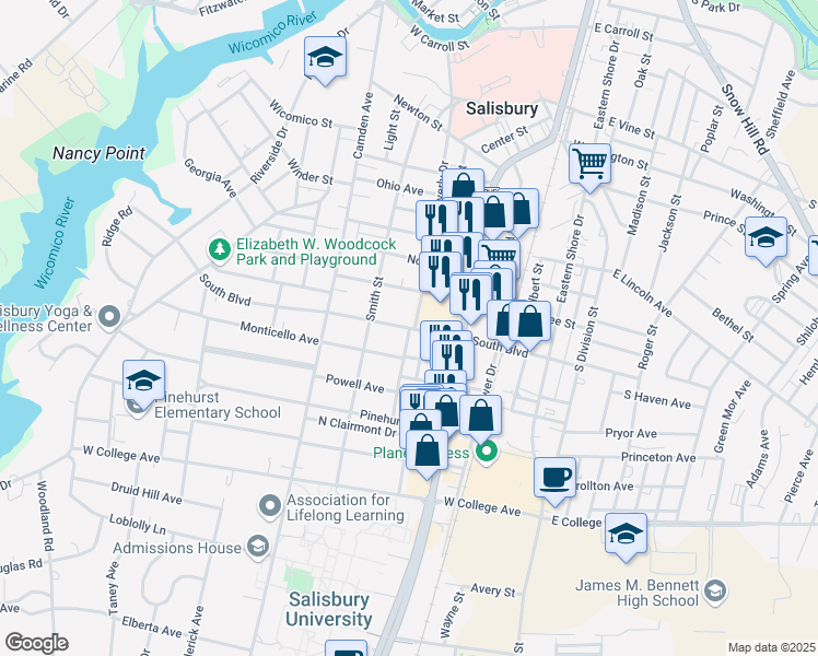 map of restaurants, bars, coffee shops, grocery stores, and more near 803 Hanover Street in Salisbury