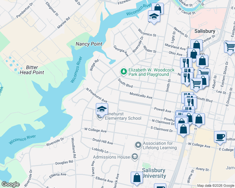 map of restaurants, bars, coffee shops, grocery stores, and more near 908 Russell Avenue in Salisbury