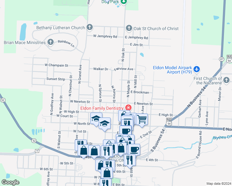 map of restaurants, bars, coffee shops, grocery stores, and more near 307-317 North Oak Street in Eldon