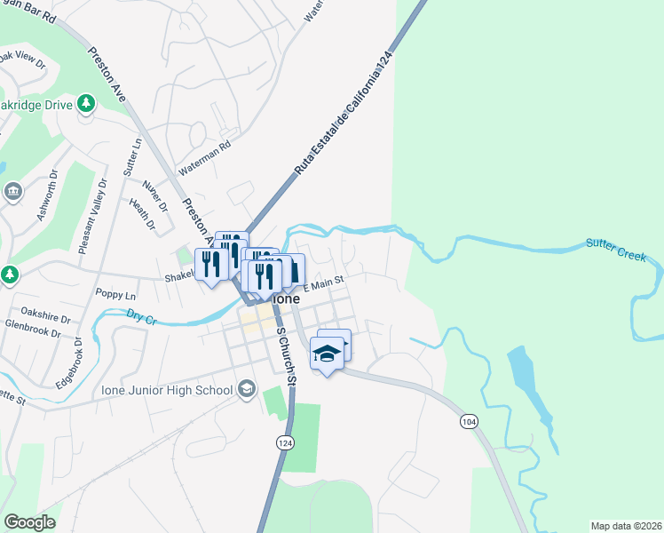 map of restaurants, bars, coffee shops, grocery stores, and more near 15 Maple Street in Ione