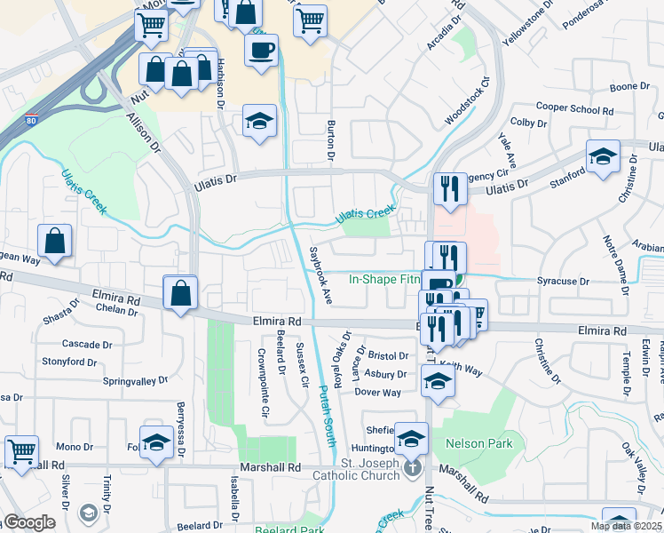 map of restaurants, bars, coffee shops, grocery stores, and more near 385 Portsmouth Avenue in Vacaville