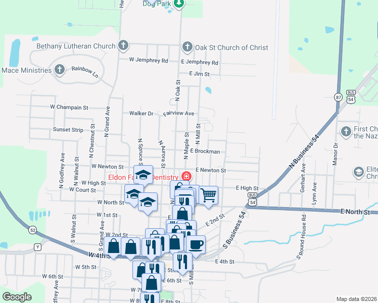 map of restaurants, bars, coffee shops, grocery stores, and more near 315 North Mill Street in Eldon