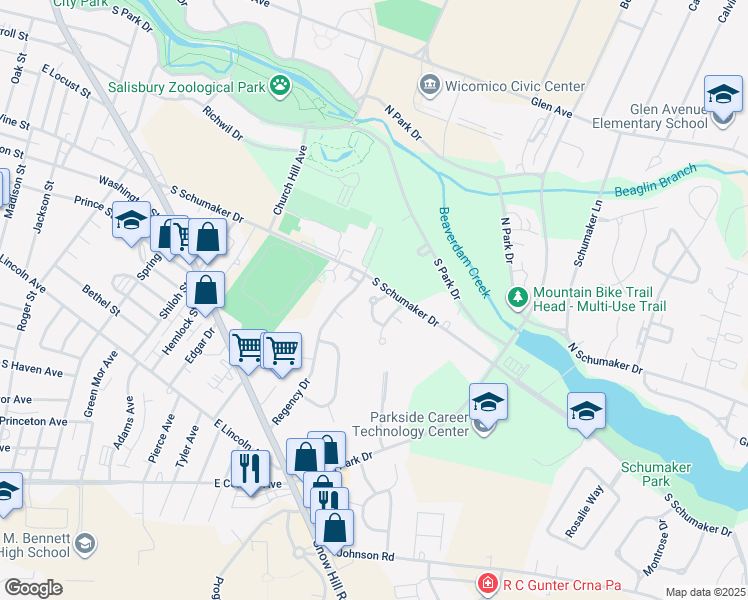 map of restaurants, bars, coffee shops, grocery stores, and more near 818 South Schumaker Drive in Salisbury