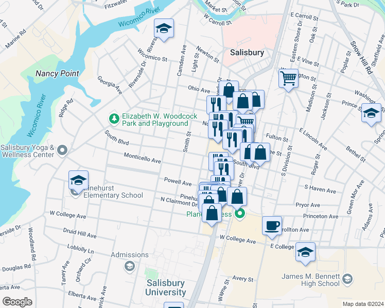 map of restaurants, bars, coffee shops, grocery stores, and more near 817 Smith Street in Salisbury