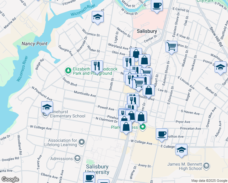 map of restaurants, bars, coffee shops, grocery stores, and more near 817 Smith Street in Salisbury