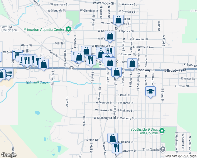 map of restaurants, bars, coffee shops, grocery stores, and more near 225 South West Street in Princeton