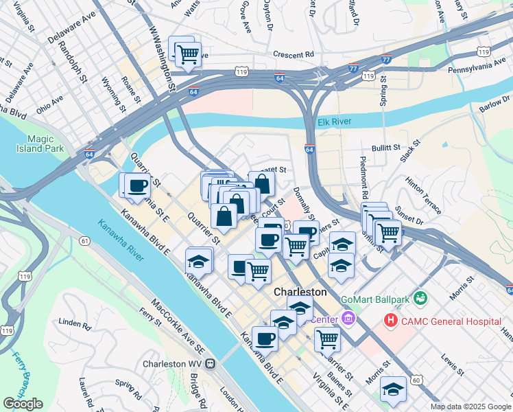 map of restaurants, bars, coffee shops, grocery stores, and more near 300 Court Street in Charleston