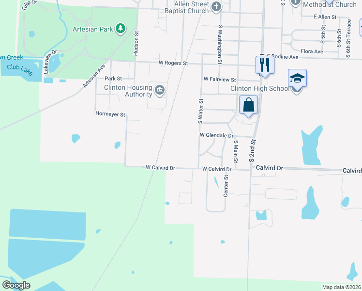 map of restaurants, bars, coffee shops, grocery stores, and more near 1512 South Water Street in Clinton
