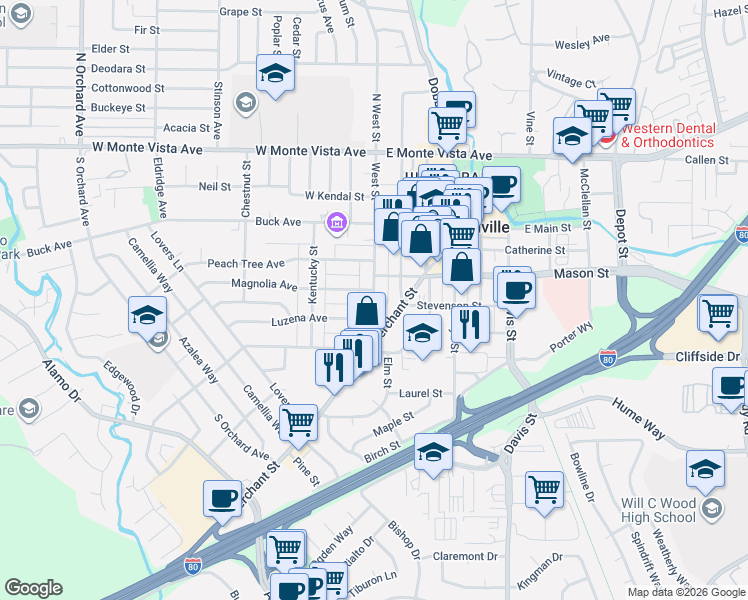 map of restaurants, bars, coffee shops, grocery stores, and more near 530A Merchant Street in Vacaville