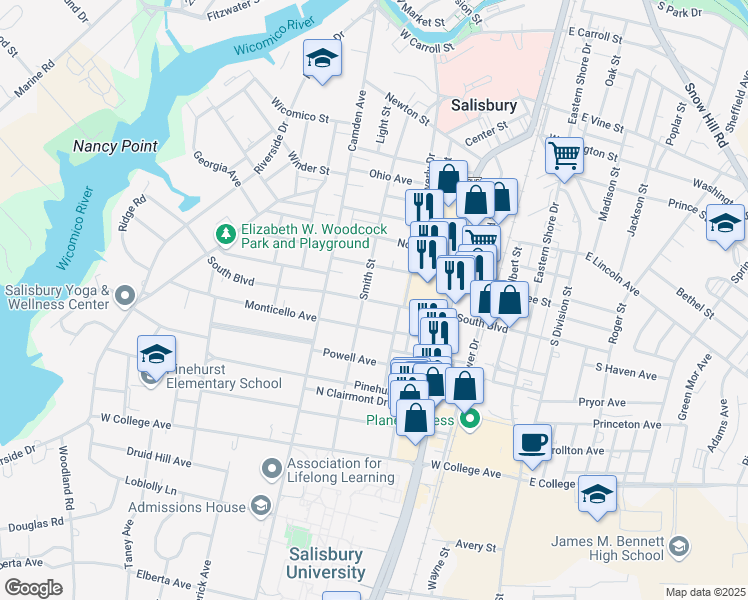 map of restaurants, bars, coffee shops, grocery stores, and more near 817 Smith Street in Salisbury