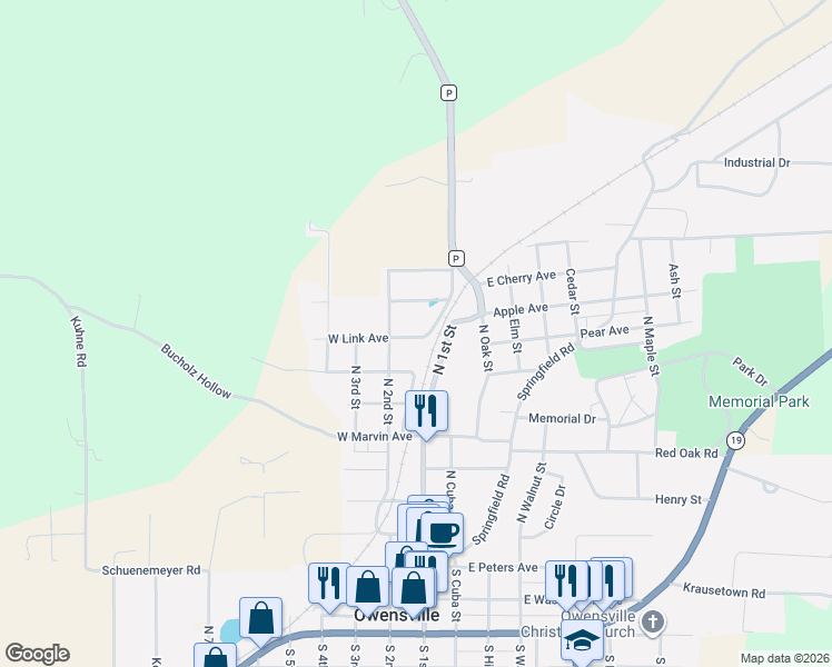 map of restaurants, bars, coffee shops, grocery stores, and more near 702 North 2nd Street in Owensville