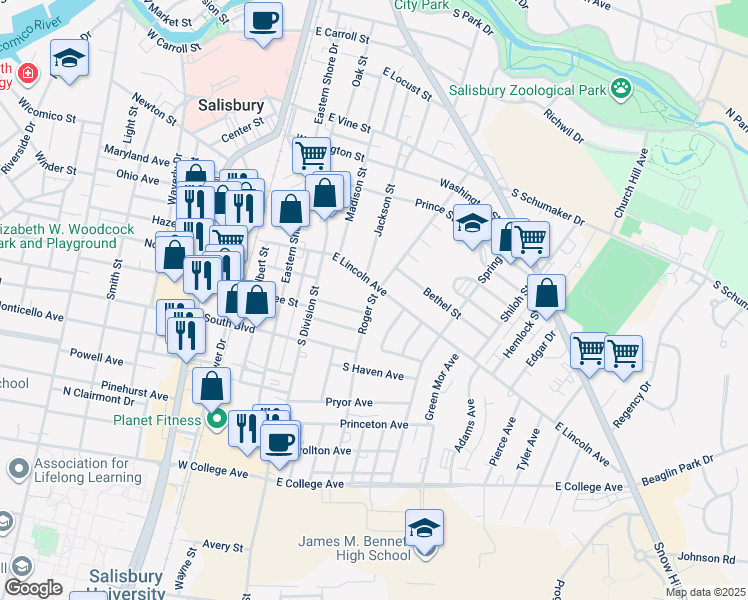 map of restaurants, bars, coffee shops, grocery stores, and more near 402 East Lincoln Avenue in Salisbury