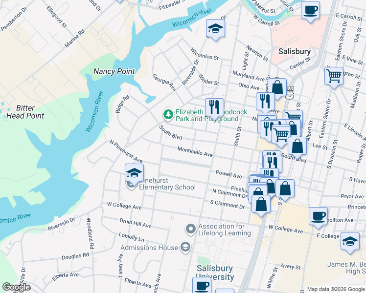 map of restaurants, bars, coffee shops, grocery stores, and more near 415 Forest Lane in Salisbury