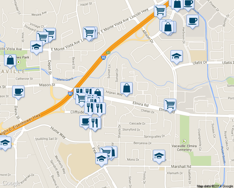 map of restaurants, bars, coffee shops, grocery stores, and more near 116 Elmira Road in Vacaville