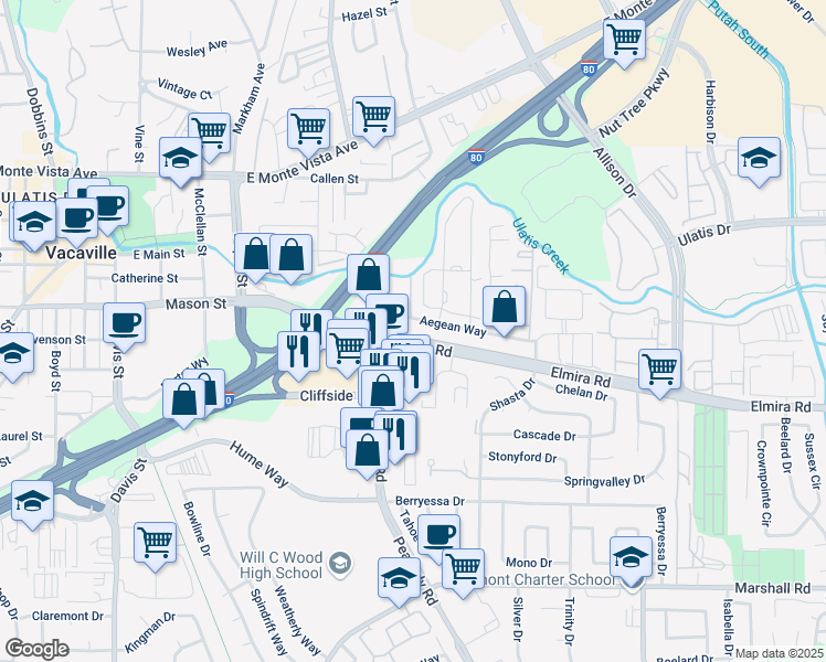 map of restaurants, bars, coffee shops, grocery stores, and more near 101 Peabody Road in Vacaville