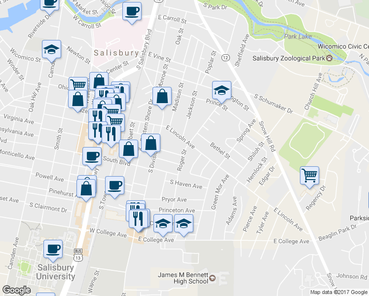 map of restaurants, bars, coffee shops, grocery stores, and more near 400 East Lincoln Avenue in Salisbury