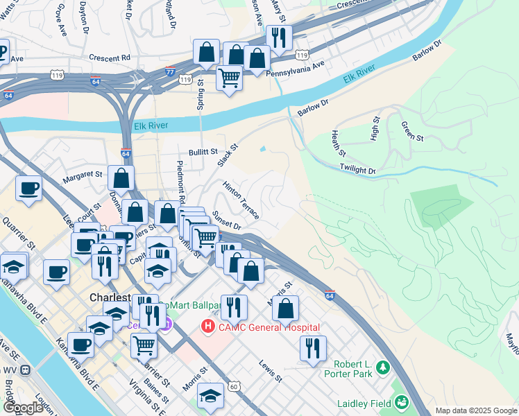 map of restaurants, bars, coffee shops, grocery stores, and more near 167 South Drive in Charleston