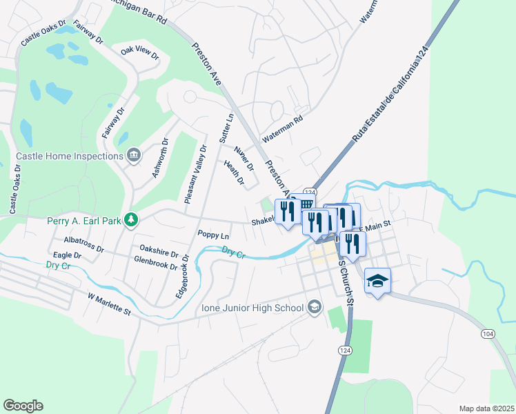 map of restaurants, bars, coffee shops, grocery stores, and more near 222 Shakeley Lane in Ione