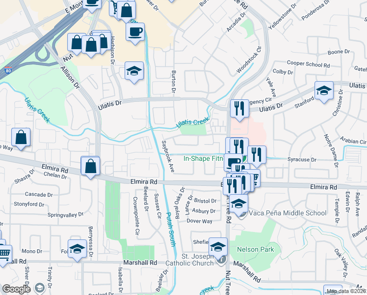 map of restaurants, bars, coffee shops, grocery stores, and more near 367 Portsmouth Avenue in Vacaville