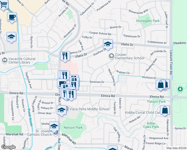 map of restaurants, bars, coffee shops, grocery stores, and more near 661 Rutgers Street in Vacaville