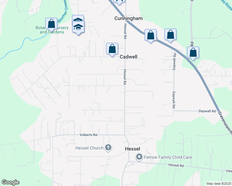 map of restaurants, bars, coffee shops, grocery stores, and more near 5091 Hutchinson Road in Sebastopol