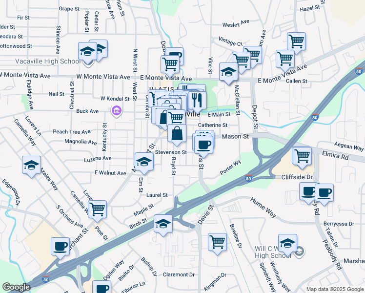 map of restaurants, bars, coffee shops, grocery stores, and more near 121B Elizabeth Street in Vacaville