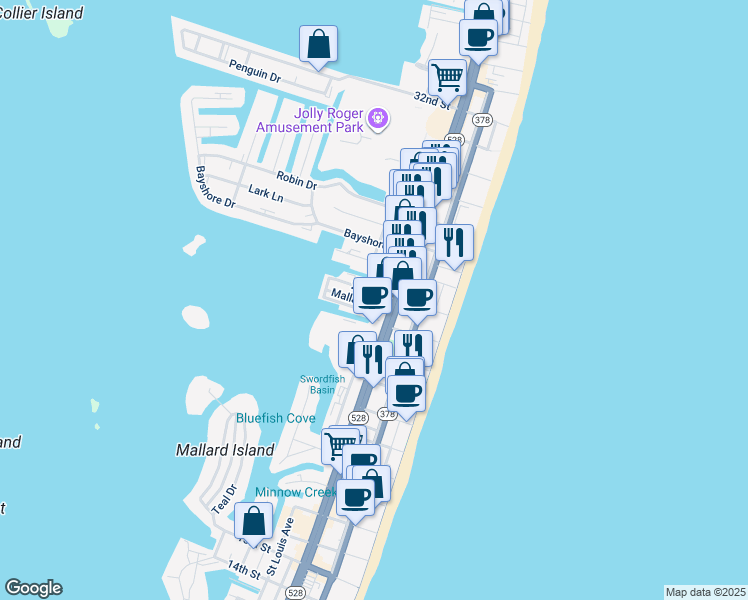 map of restaurants, bars, coffee shops, grocery stores, and more near Mallard Lane in Ocean City
