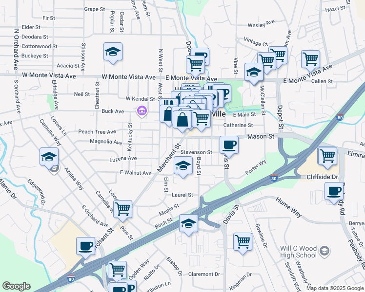map of restaurants, bars, coffee shops, grocery stores, and more near 354 Parker Street in Vacaville