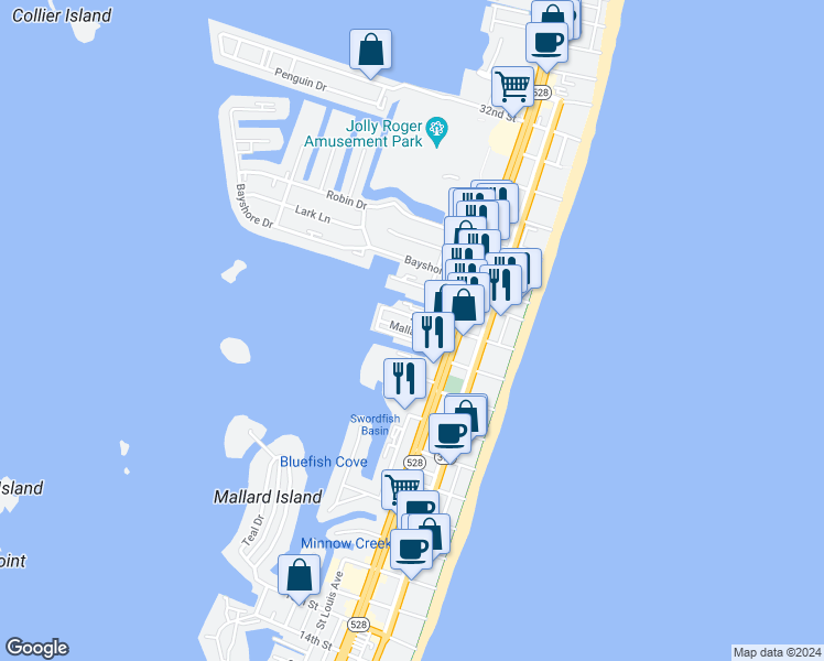 map of restaurants, bars, coffee shops, grocery stores, and more near Mallard Lane in Ocean City