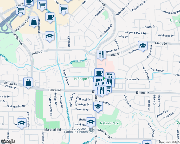 map of restaurants, bars, coffee shops, grocery stores, and more near 100 Summerfield Drive in Vacaville