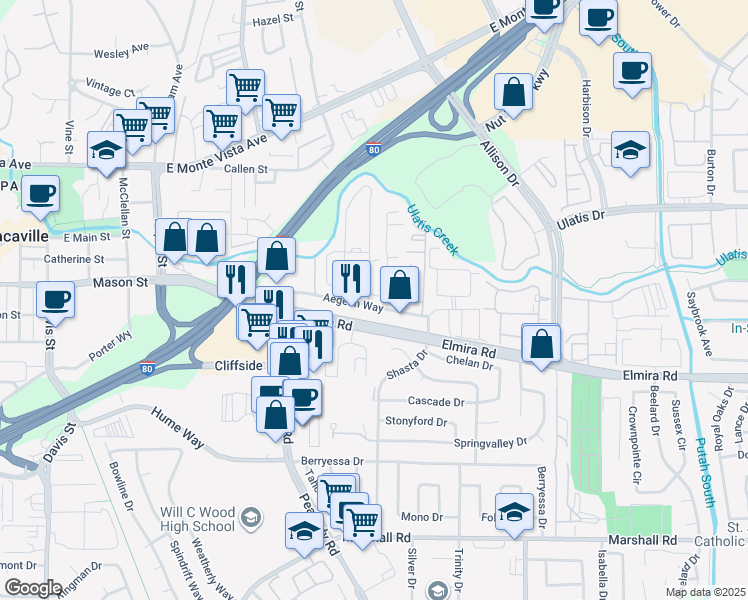 map of restaurants, bars, coffee shops, grocery stores, and more near 2 Sunset Drive in Vacaville