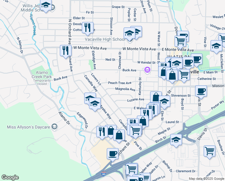 map of restaurants, bars, coffee shops, grocery stores, and more near 300 Magnolia Avenue in Vacaville